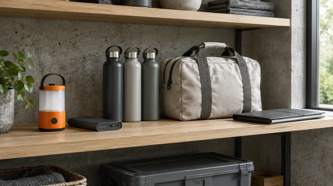 Conceptual home-readiness shelf with a lantern, water, documents and a carry bag.