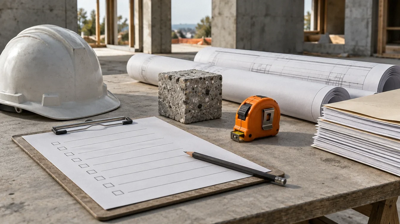 construction documents, concrete sample and measuring tools.