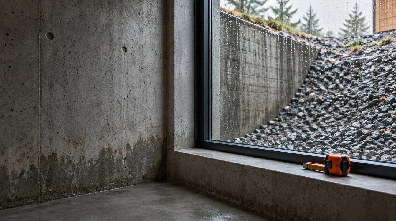 Conceptual study of a concrete basement window and moisture at the wall base.