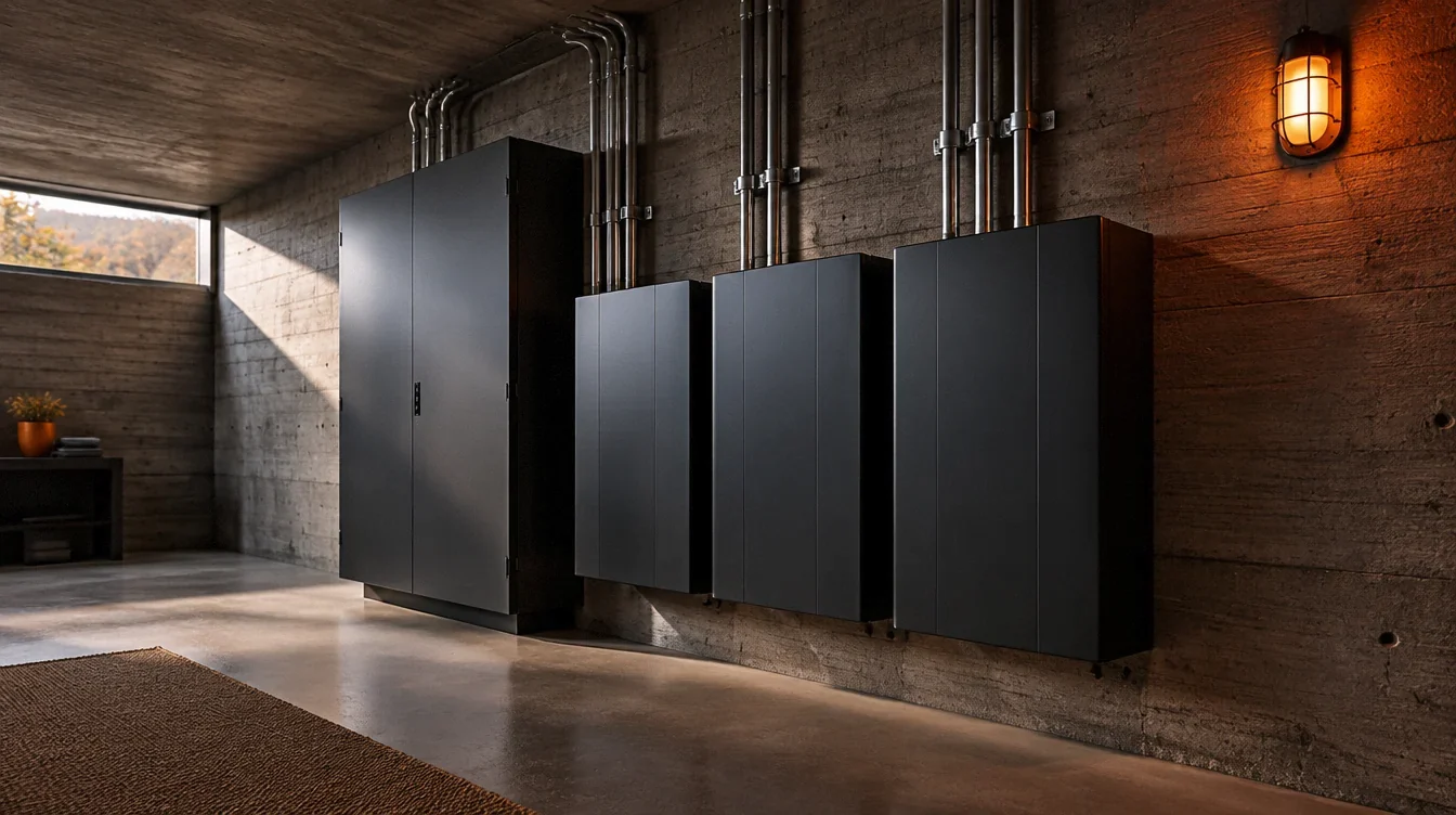 Conceptual utility room with enclosed power equipment and metal conduit.